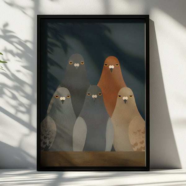 Pigeon Stare Poster, Moody Bird Wall Art, Dark Teal Flock Print, Quirky Animal Decor