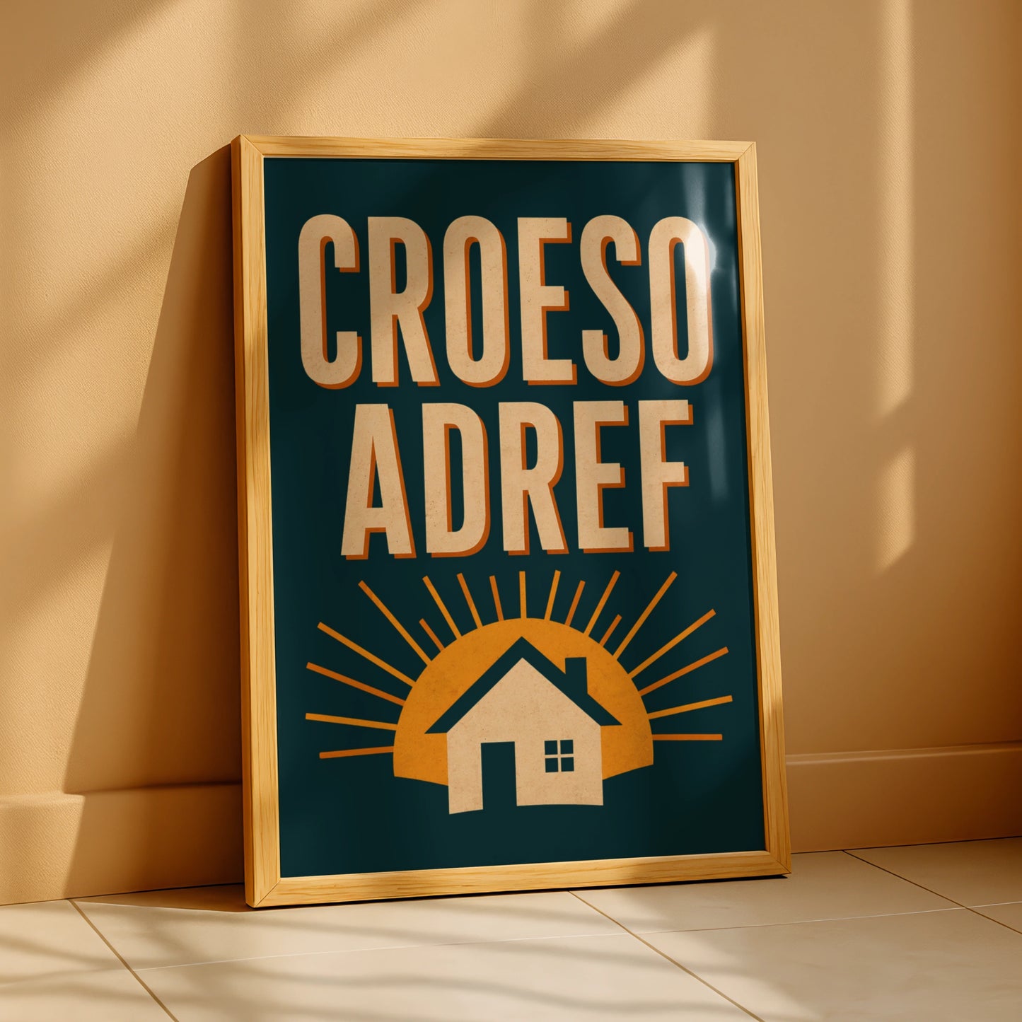 Croeso Adref Welsh Welcome Home Poster, Wales Retro Wall Art Print, Teal Gold