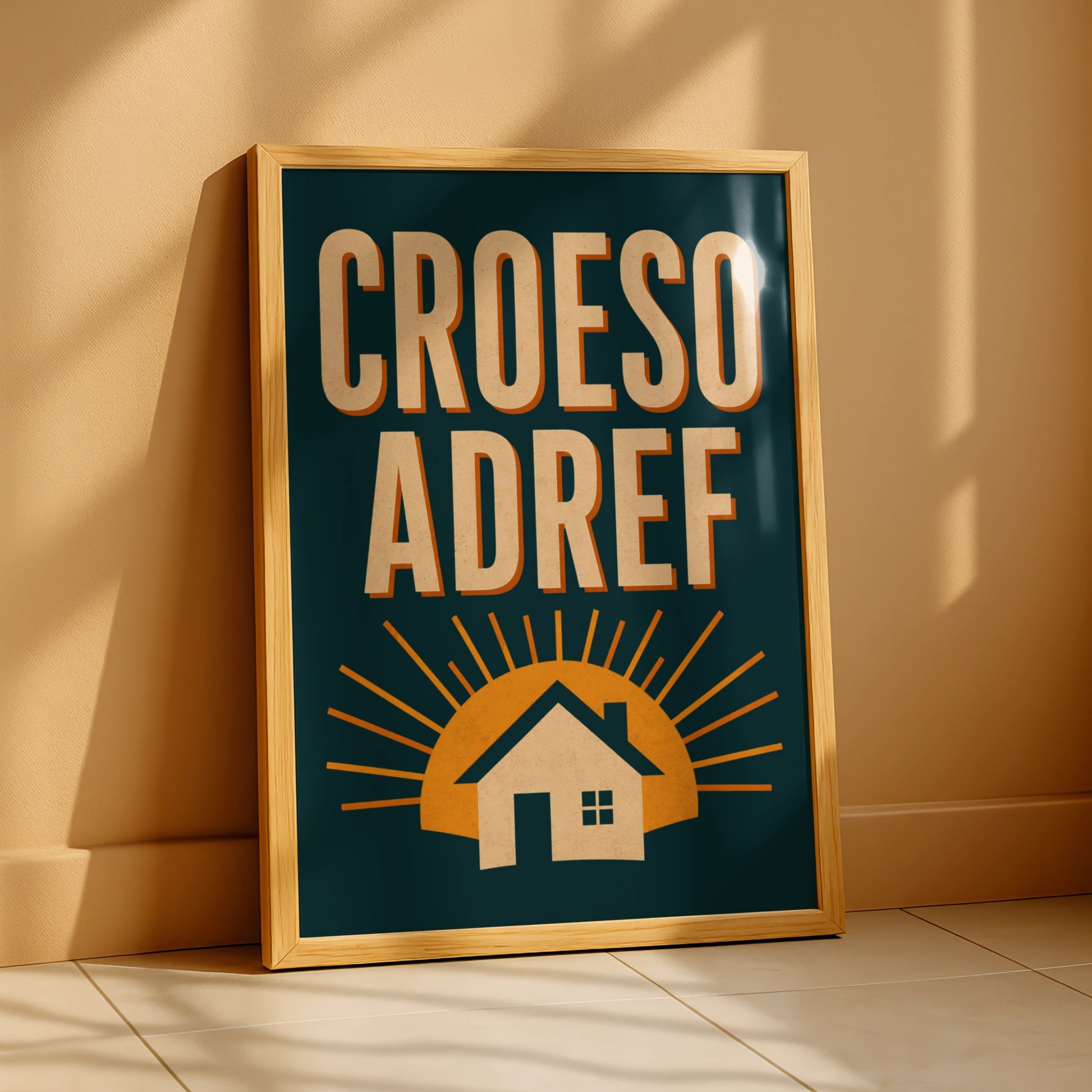 Croeso Adref Welsh Welcome Home Poster, Wales Retro Wall Art Print, Teal Gold