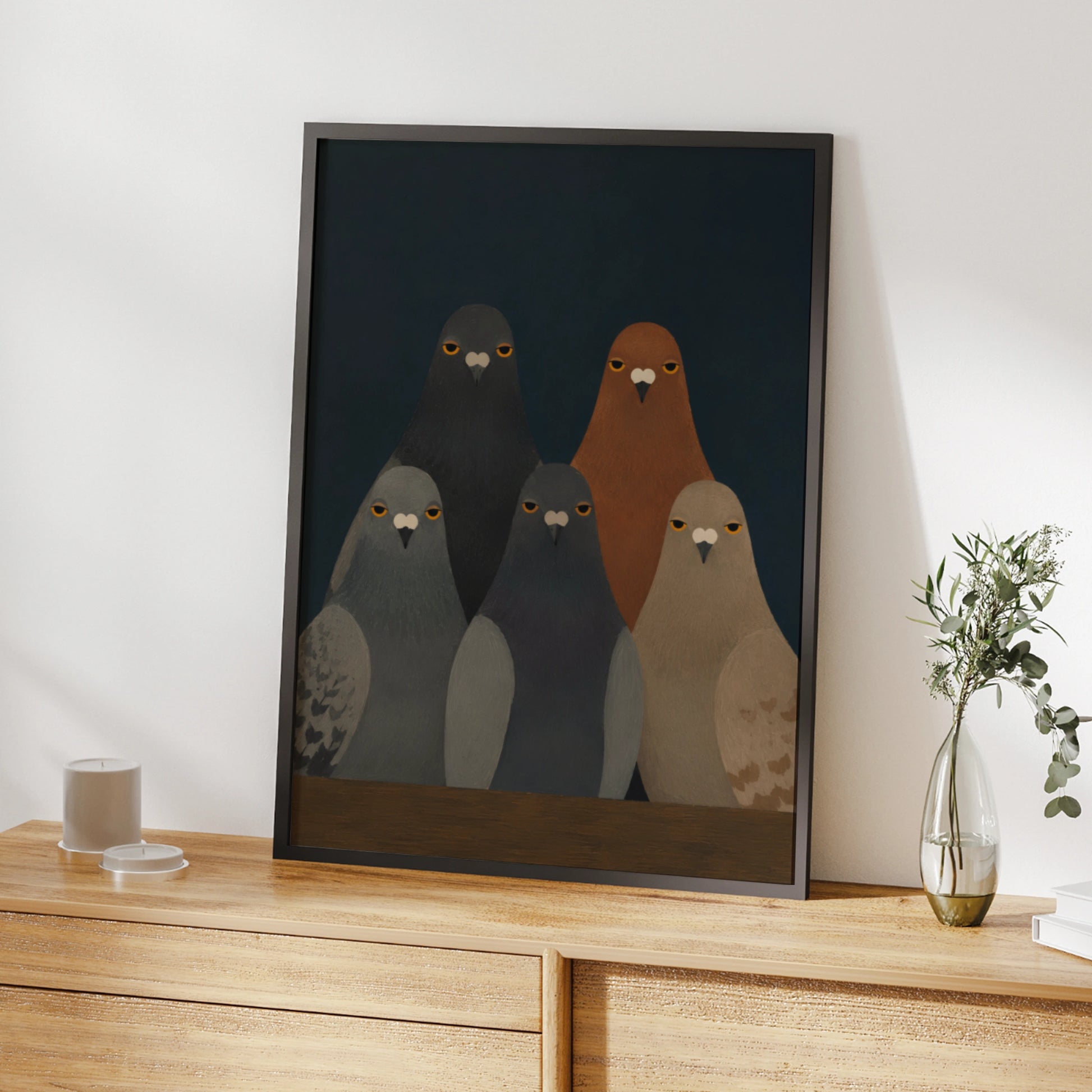 Pigeon Stare Poster, Moody Bird Wall Art, Dark Teal Flock Print, Quirky Animal Decor