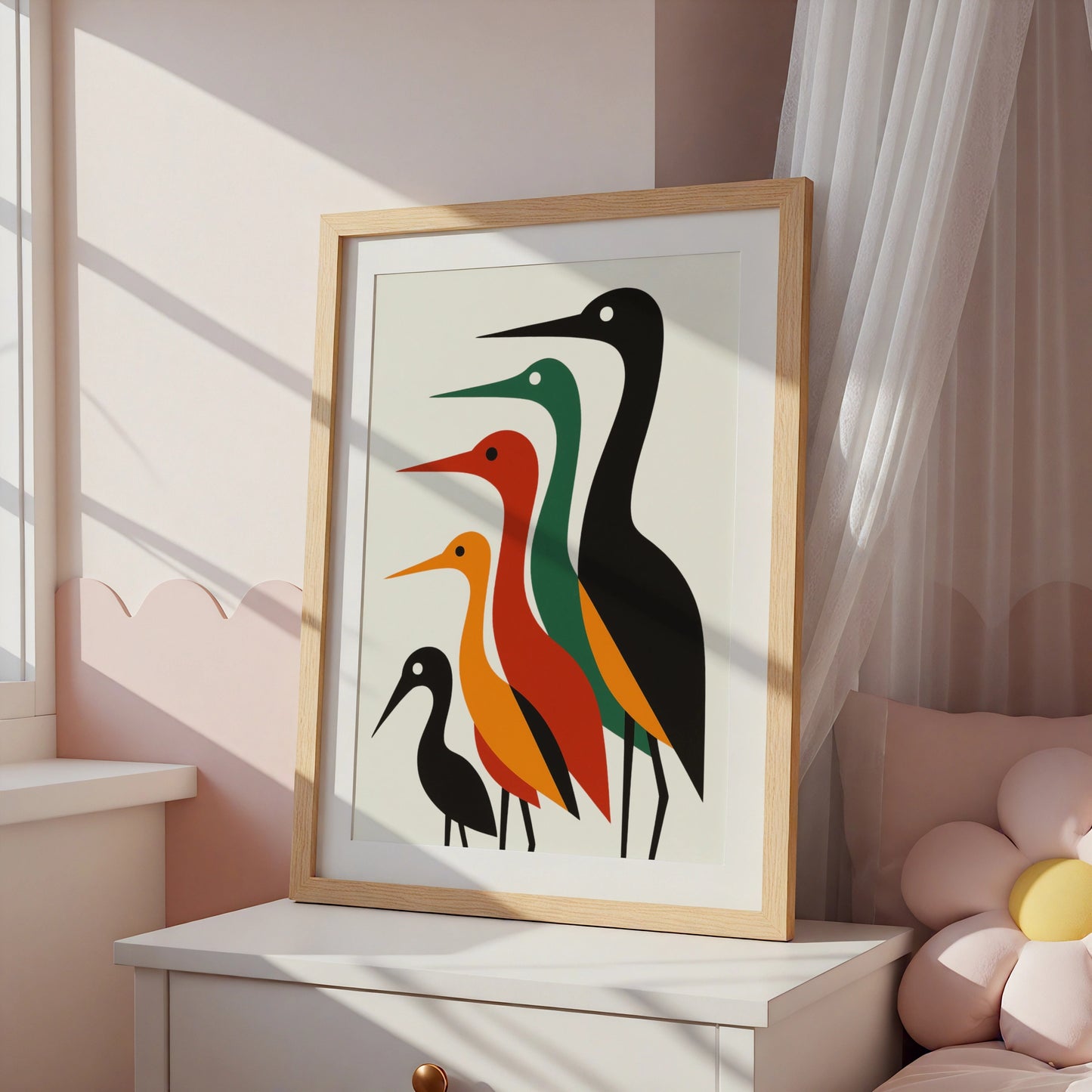 Geometric Bird Poster, Mid-Century Modern Heron Wall Art, Bold Colourful Nature Print