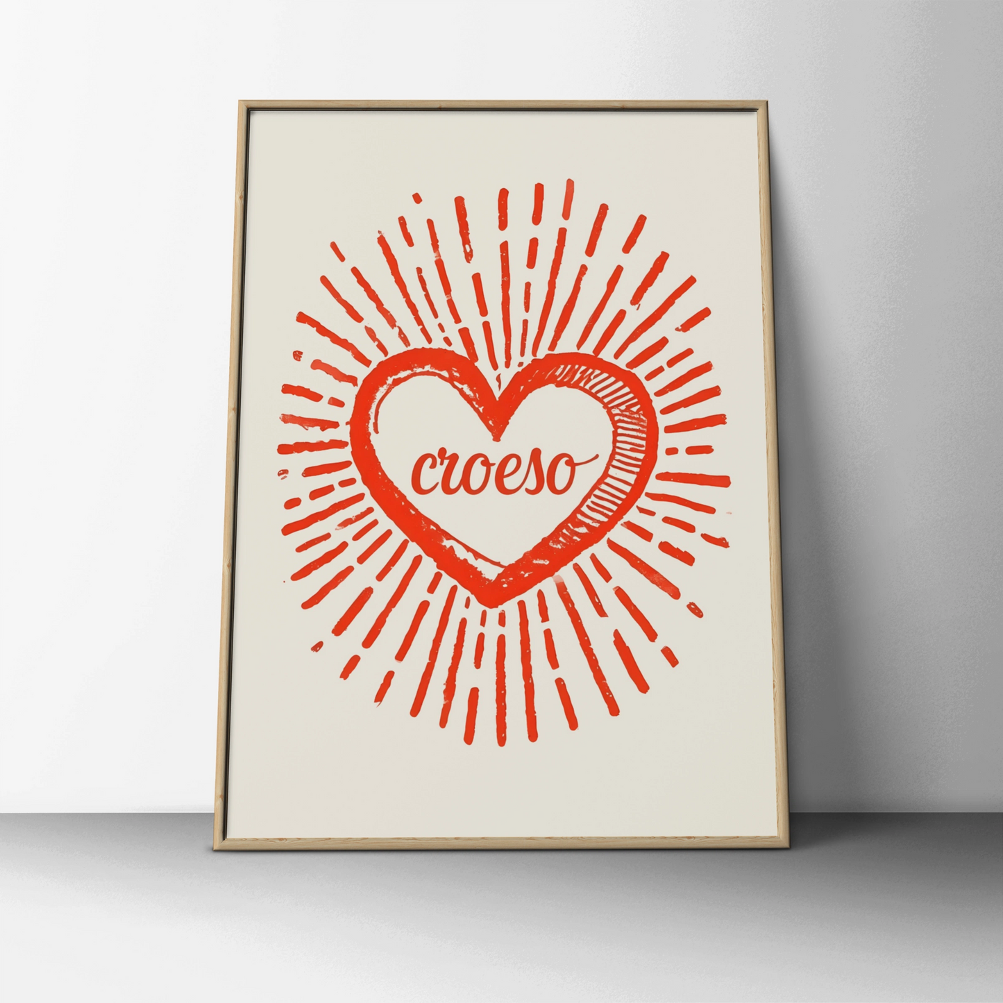 Croeso Welsh Welcome Heart Poster, Wales Wall Art, Red Retro Sun Ray Print