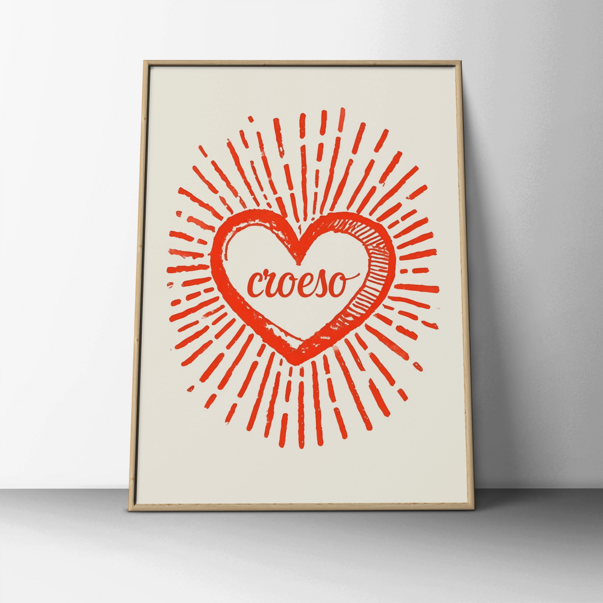 Croeso Welsh Welcome Heart Poster, Wales Wall Art, Red Retro Sun Ray Print