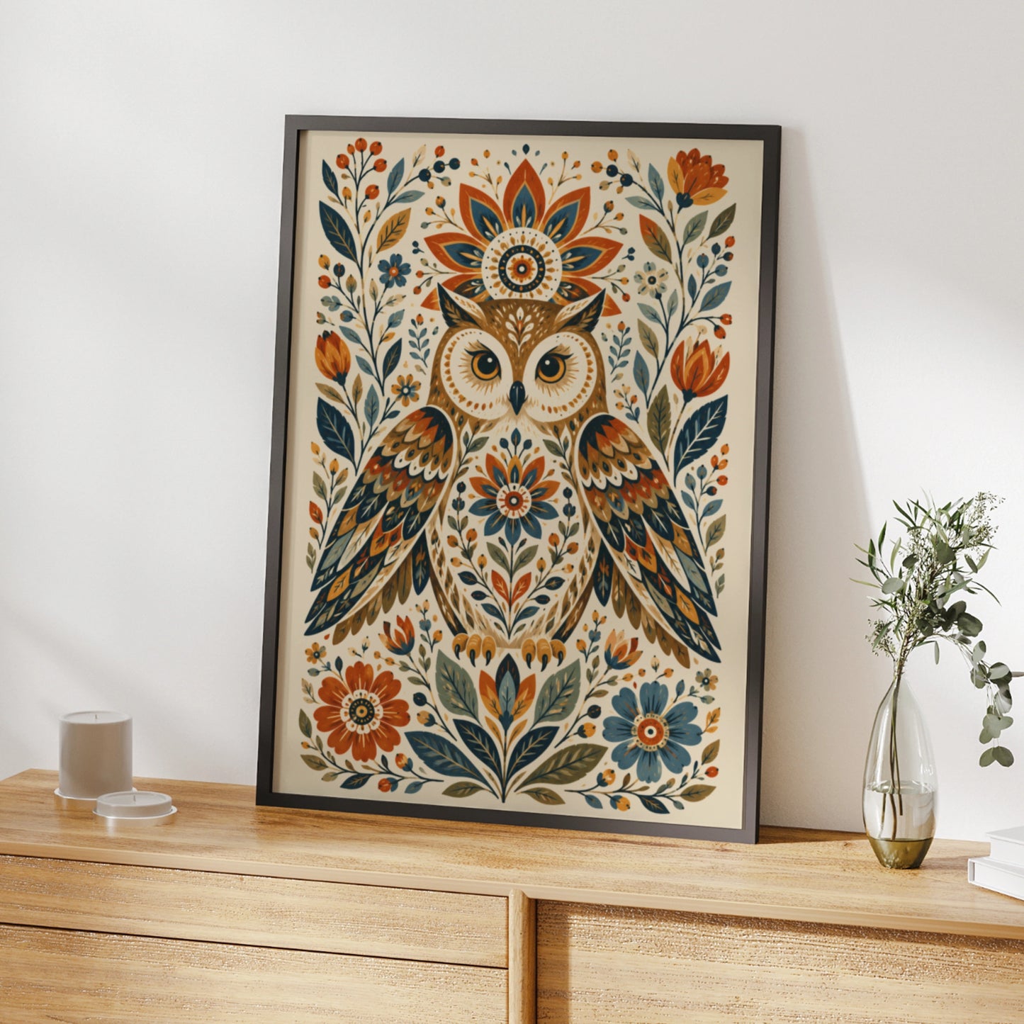 Folk Art Owl Poster, Floral Bird Wall Art, Botanical Nature Print, Boho Home Decor