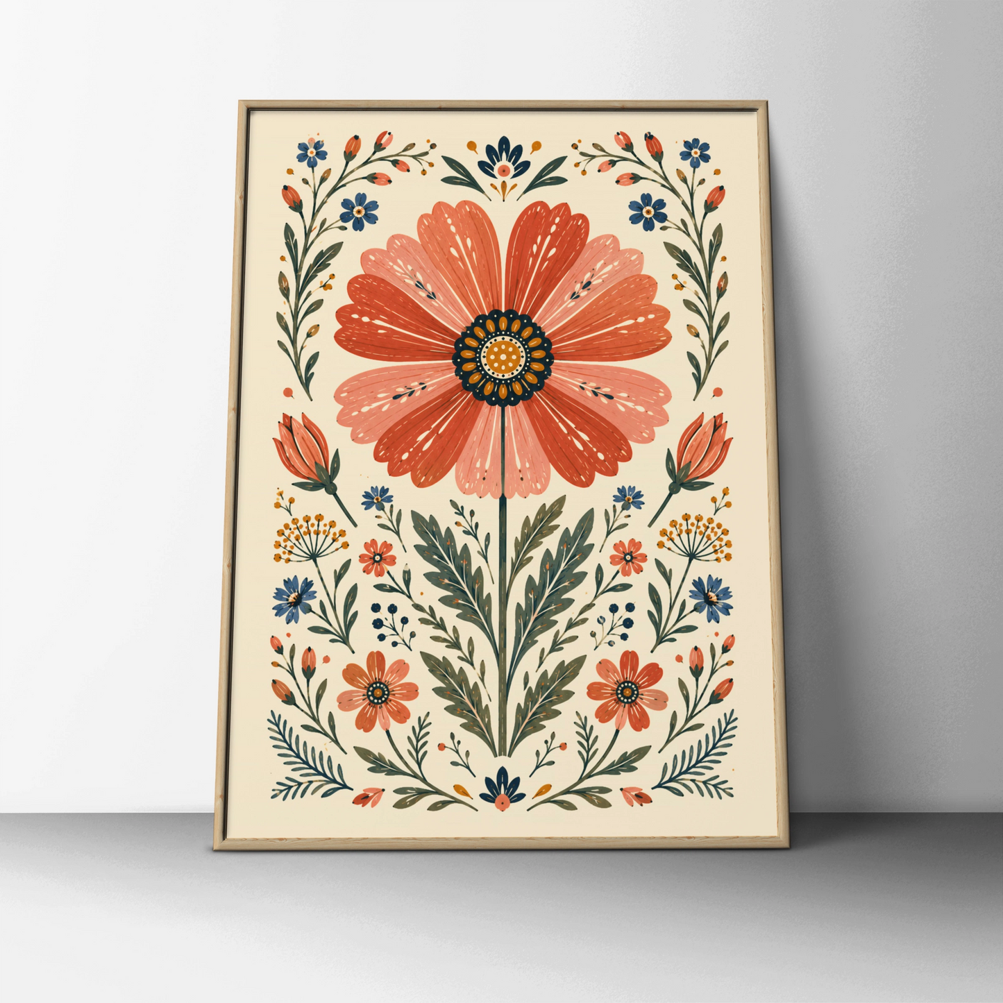Folk Floral Cosmos Poster, Botanical Wall Art, Scandi Folk Print, Terracotta Blue