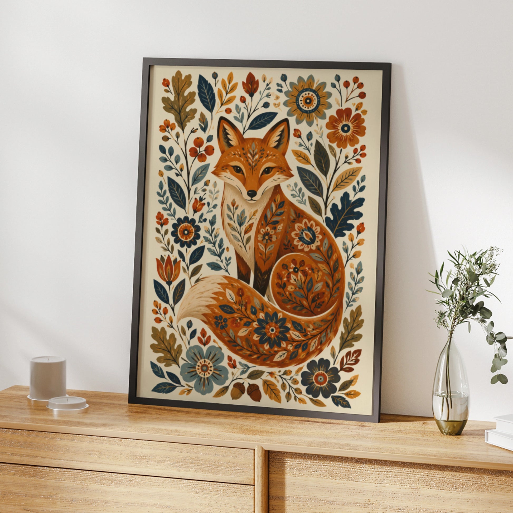 Folk Fox Poster, Floral Fox Wall Art Print, Botanical Wildlife Nursery Decor, Wilderkind