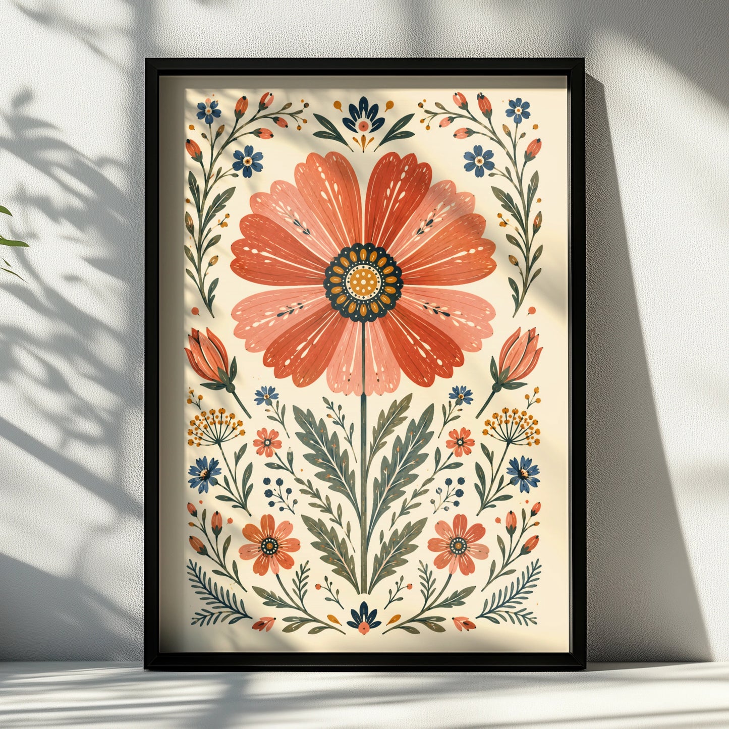 Folk Floral Cosmos Poster, Botanical Wall Art, Scandi Folk Print, Terracotta Blue