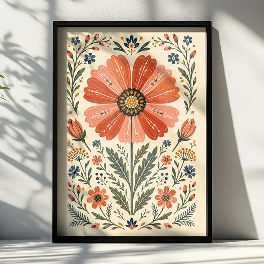 Folk Floral Cosmos Poster, Botanical Wall Art, Scandi Folk Print, Terracotta Blue