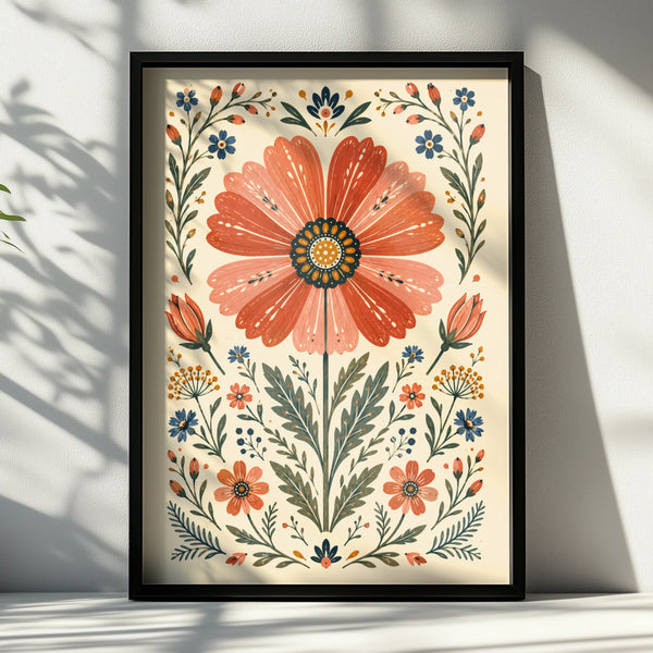 Folk Floral Cosmos Poster, Botanical Wall Art, Scandi Folk Print, Terracotta Blue
