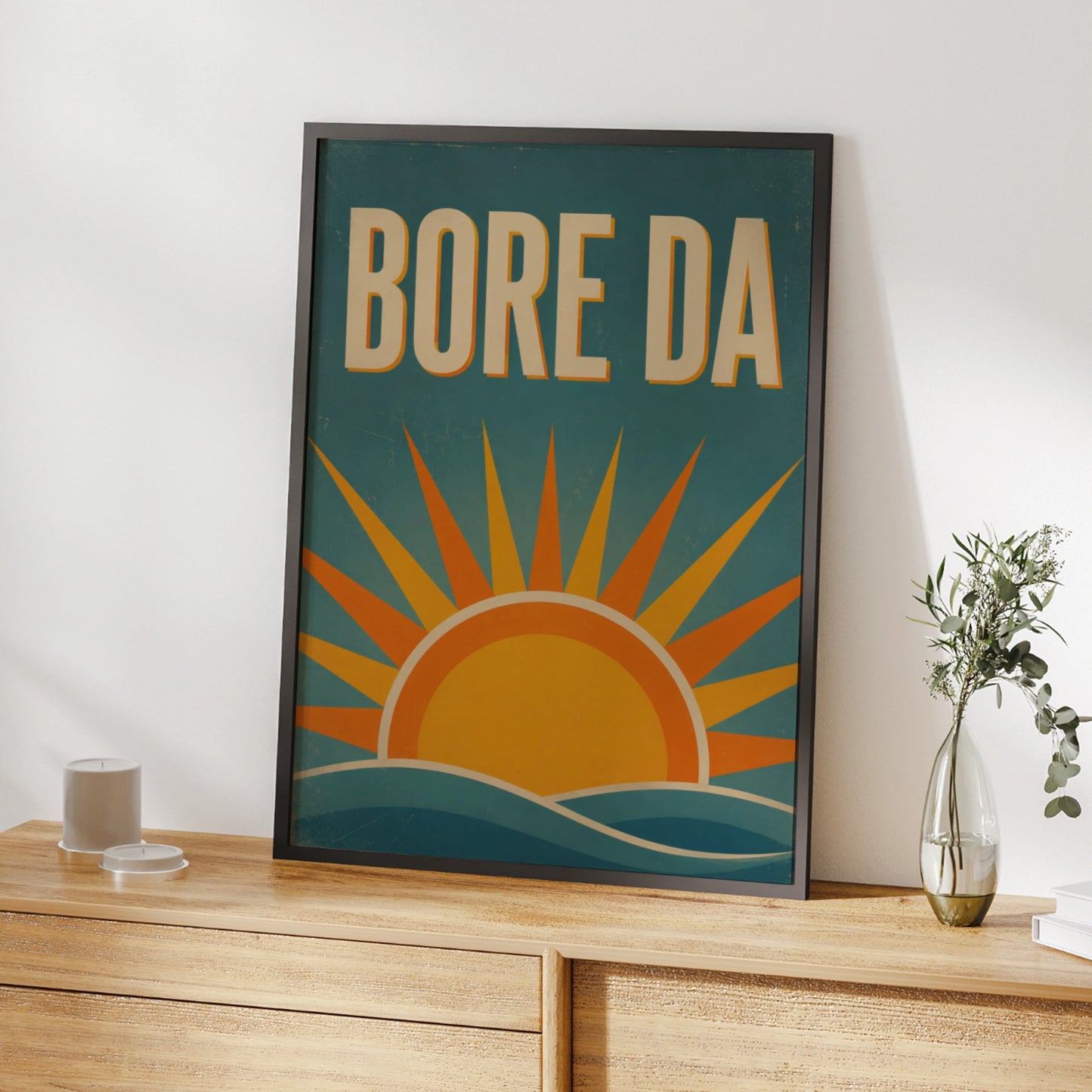 Bore Da Welsh Good Morning Poster, Wales Retro Sunrise Wall Art, Teal Orange Print