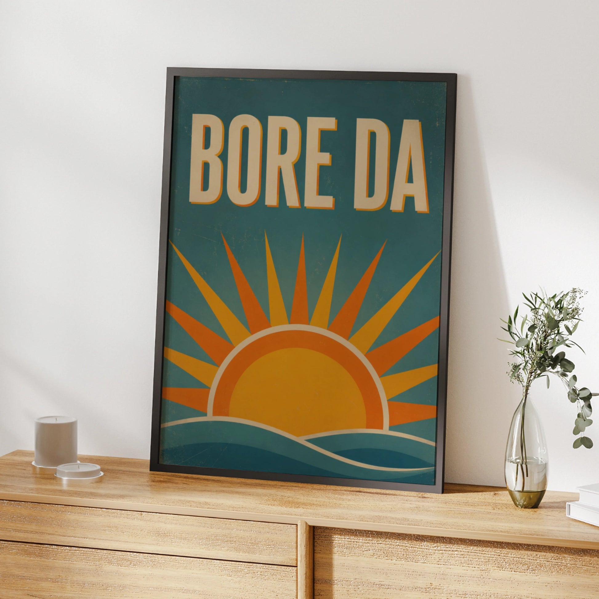 Bore Da Welsh Good Morning Poster, Wales Retro Sunrise Wall Art, Teal Orange Print