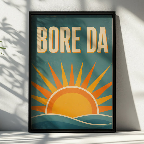 Bore Da Welsh Good Morning Poster, Wales Retro Sunrise Wall Art, Teal Orange Print